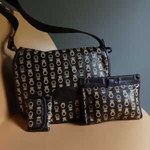 FRED PARIS vintage Brown Genuine Leather Shoulder Bag+ Cosmetic Bag + Key Holder